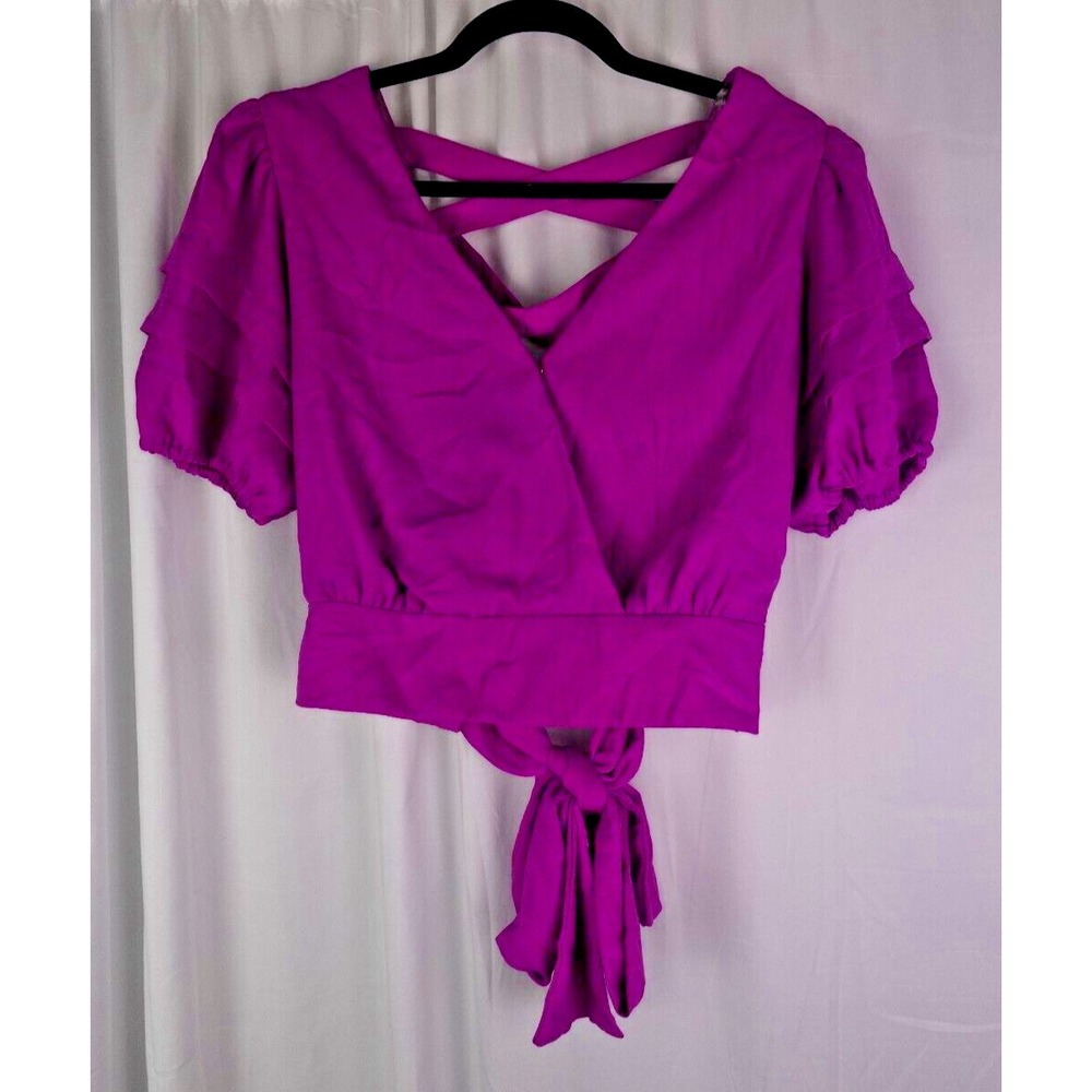 DO+BE Fuchsia Puff Sleeve Wrap Crop Top L Tie Waist‎ Y2K Party Rave Festival